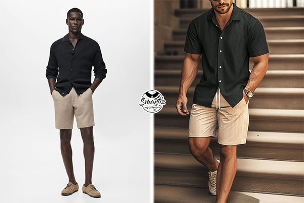 استایل تولد تابستانی با پیراهن لینن مشکی و شلوارک بژ مردانه