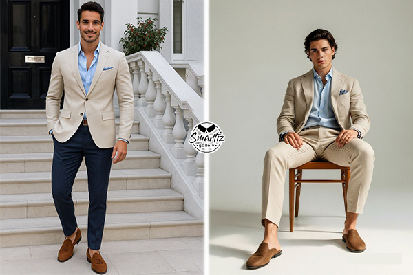 استایل کلاسیک مردانه با کت بژ و پیراهن آبی در تولد رسمی