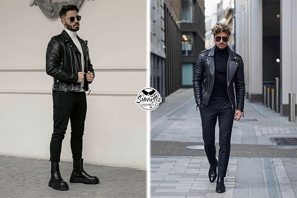 ست مدرن تولد با کت چرمی و بوت مردانه