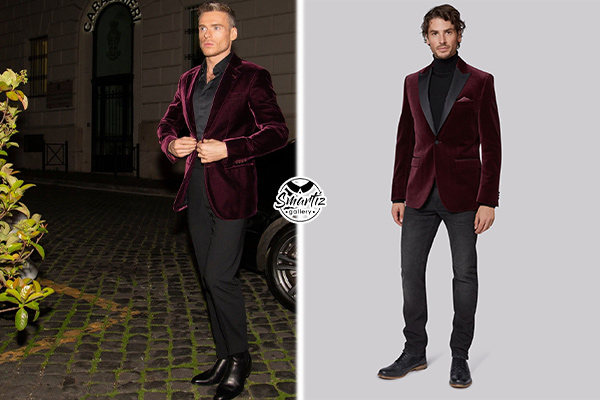 استایل رسمی مردانه با کت مخمل جگری برای تولد