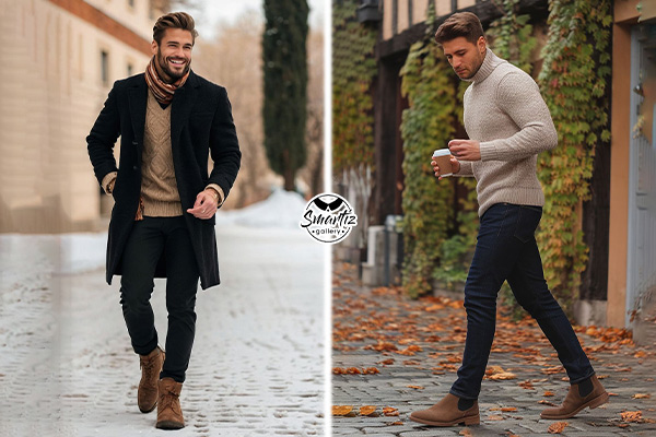 استایل پاییزی تولد مناسب آقایان با پلیور و بوت چرم