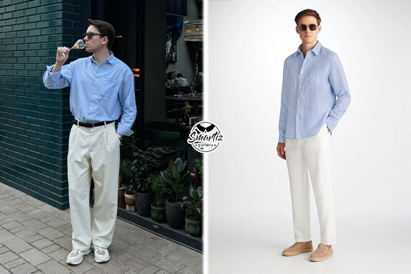 استایل تولد مردانه محیط نیمه‌رسمی با پیراهن آبی و شلوار سفید