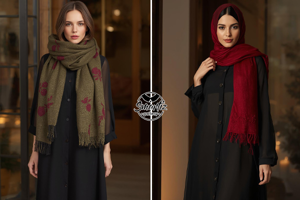 استایل تونیک حریر جلو دکمه‌دار با شال قرمز یلدایی