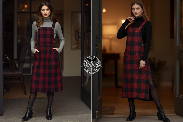 استایل بلوز یقه‌اسکی نخی با سارافون پشمی بلند