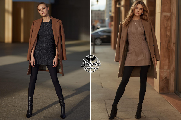 استایل پیراهن بافت زنانه با بوت و پالتو کوتاه