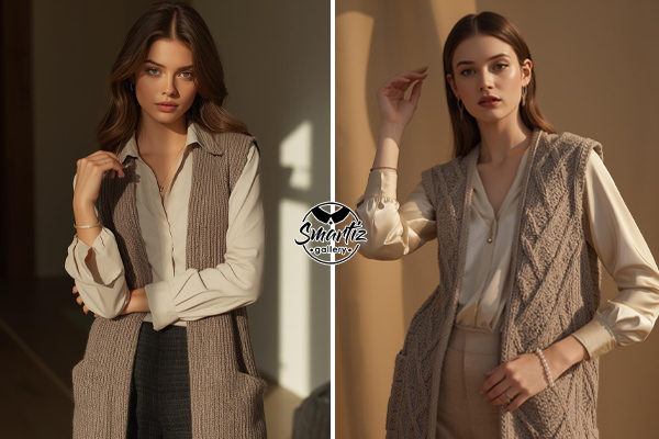 استایل بلوز آستین‌بلند زنانه با جلیقه بلند بافتنی