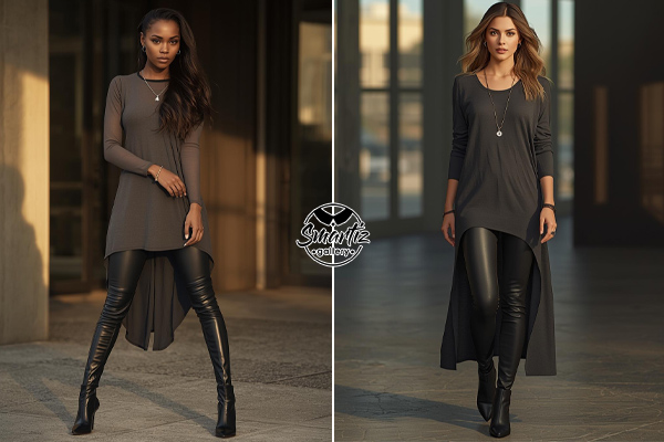 استایل تونیک بلند با شلوار لگ چرمی و بوت ساق‌بلند