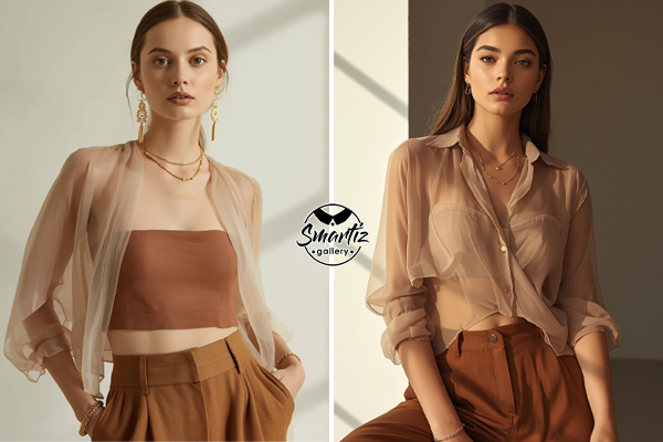 استایل شومیز حریر با شلوار کاراملی و اکسسوری طلایی