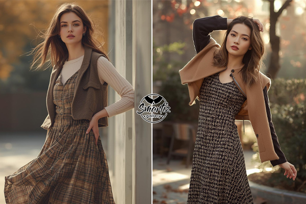 استایل پیراهن زنانه بلند طرحدار با کت کوتاه یا جلیقه پشمی