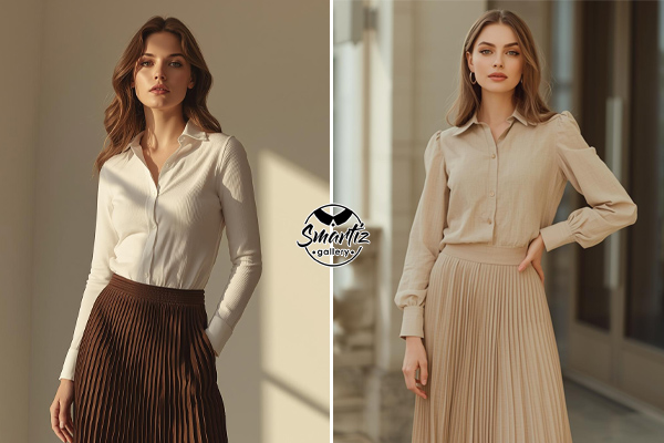 استایل بلوز نخی آستین‌بلند زنانه با دامن پلیسه بلند