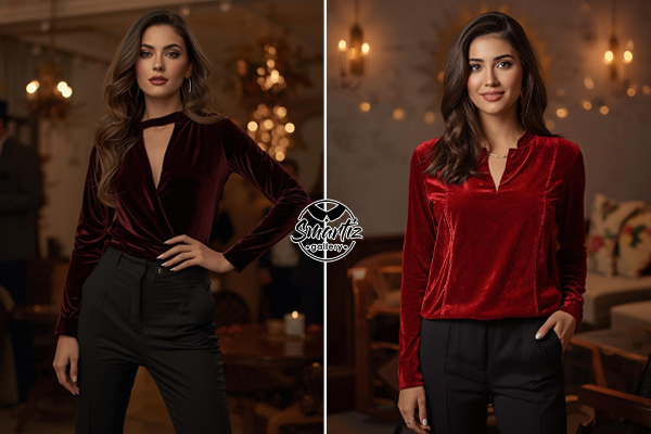 استایل یلدایی با تونیک مخمل و شلوار پارچه‌ای مشکی