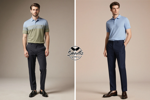 شلوار پارچه‌ای با تی شرت یقه دار