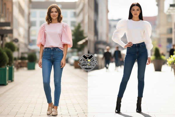 استایل بلوز آستین پفی با جین جذب