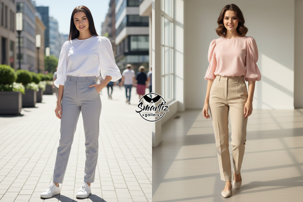 بلوز آستین پفی با شلوار کتان فیت کلاسیک