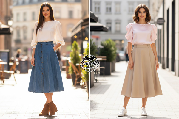 استایل بلوز آستین پفی و دامن کتان یا دنیم A line