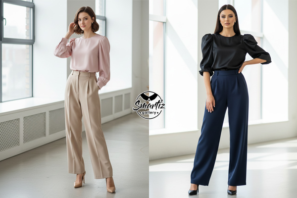 استایل مجلسی شومیز و بلوز آستین پفی و شلوار پارچه‌ای بگ