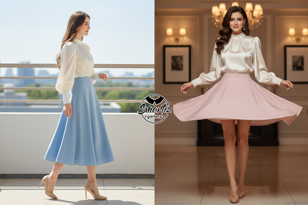 استایل مجلسی شومیز آستین پفی با دامن کلوش کوتاه یا میدی