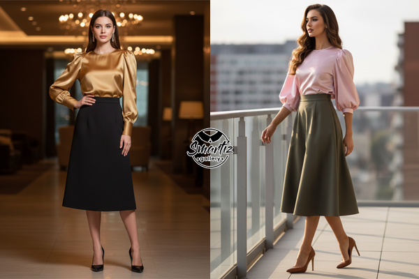 استایل مجلسی شومیز و بلوز آستین پفی همراه با دامن خمره‌ای