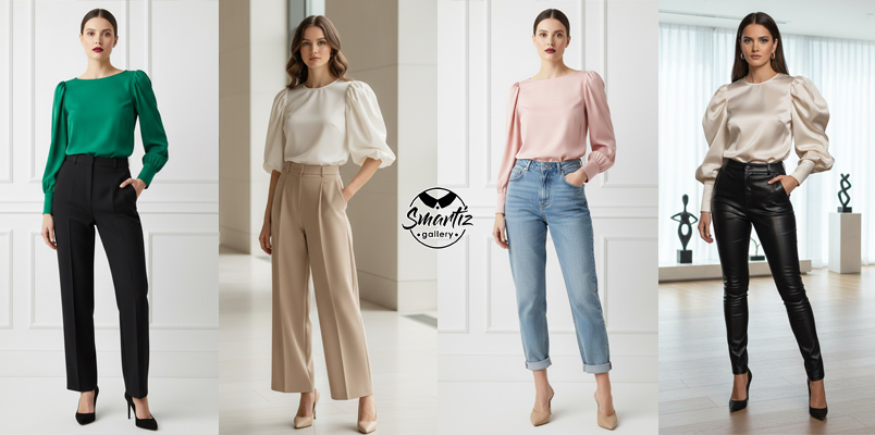 استایل کردن شومیز و بلوز آستین پفی با انواع مدل شلوار زنانه