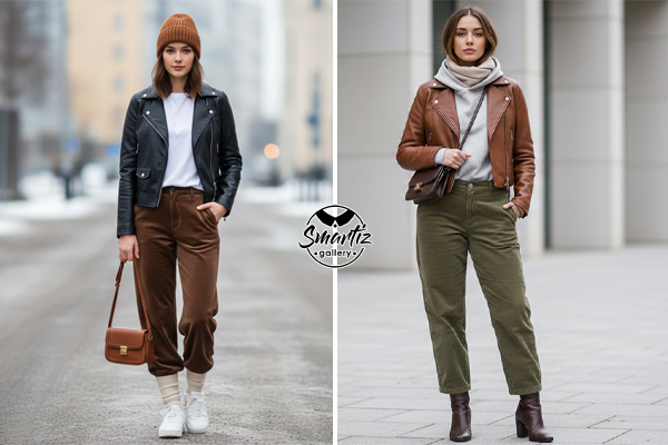 پوشیدن شلوار مخمل آزاد و کت چرم