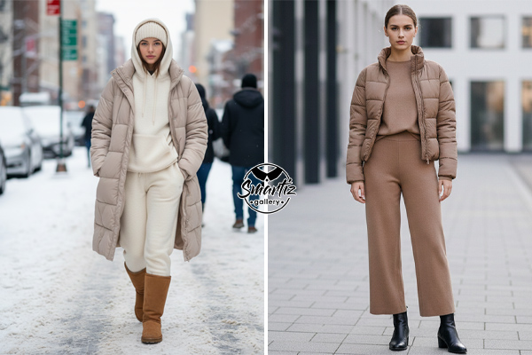 ست بلوز شلوار زنانه با کاپشن پفی یا پافر