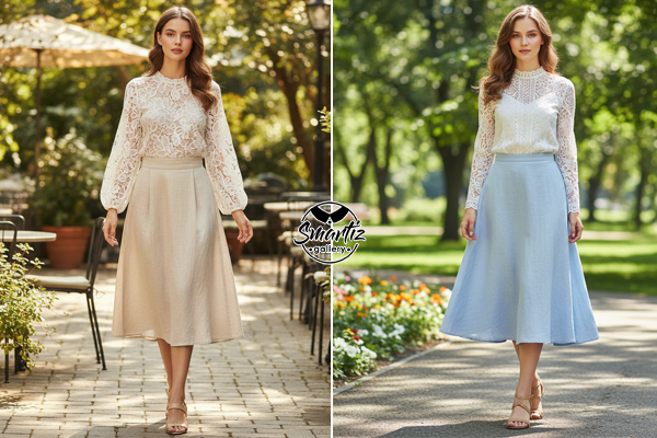 شیک پوشی با دامن لینن و بلوز زنانه گیپور