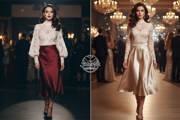 استایل راحت با دامن چهارخانه و بلوز مهمانی گیپور