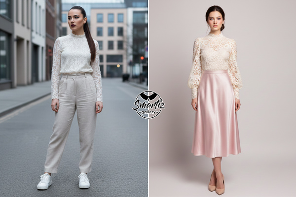 ست لباس گیپور با دامن ساتن و شلوار پارچه ای